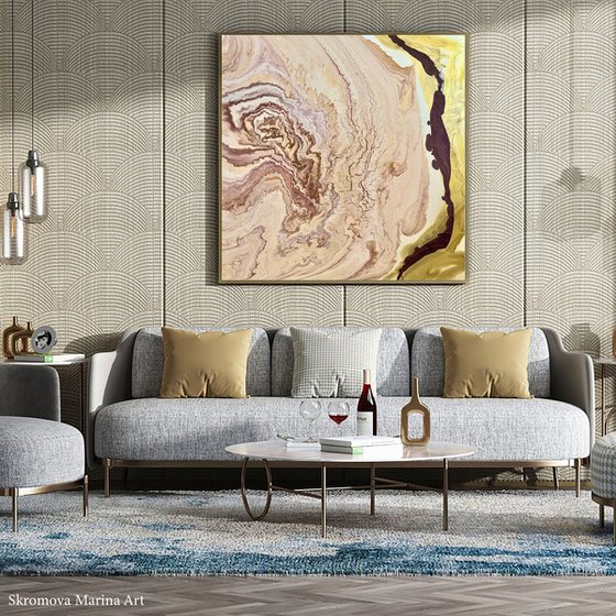 Gold abstract cosmos painting. Large square Space painting.