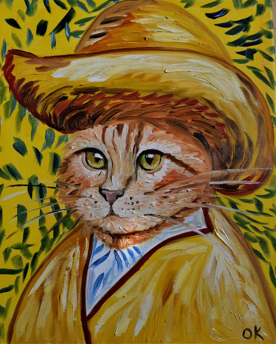 Handsome Cat Inspired by Van Gogh in a straw hat FELINE ART FOR CAT LOVERS