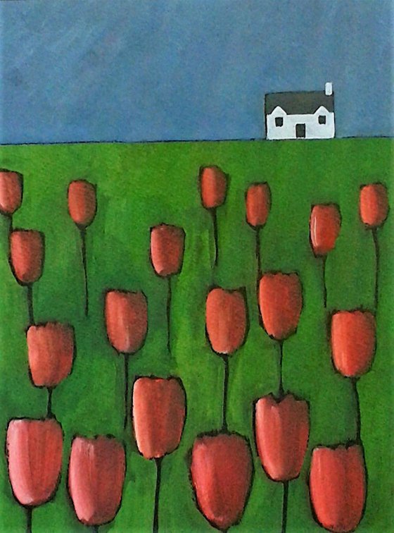 White Cottage with Tulips