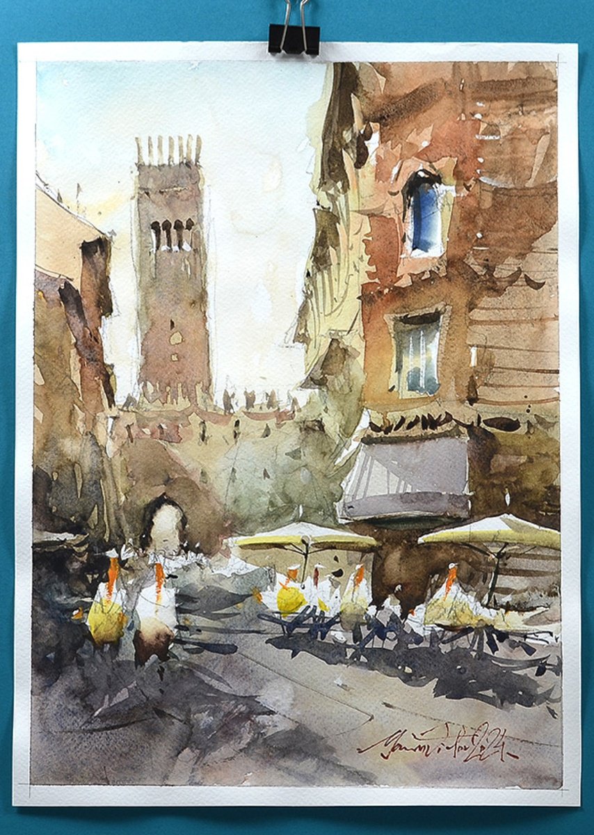 Impressionistic Cityscapes Watercolour By Marin Victor, 9 X 14", Bologna, Urban Watercolor, Original Artwork