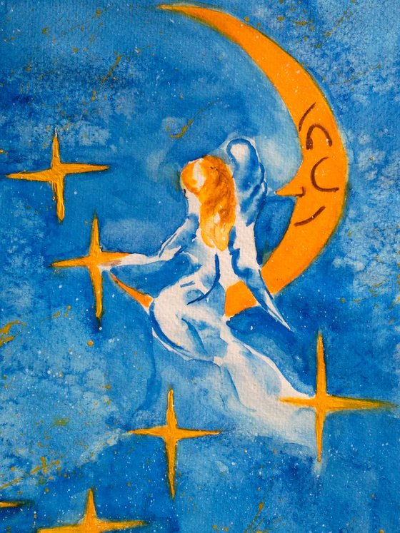 Angel Painting Christmas Original Art Wonderland Watercolor Stars Artwork Moon Home Wall Art 10 by 14" by Halyna Kirichenko