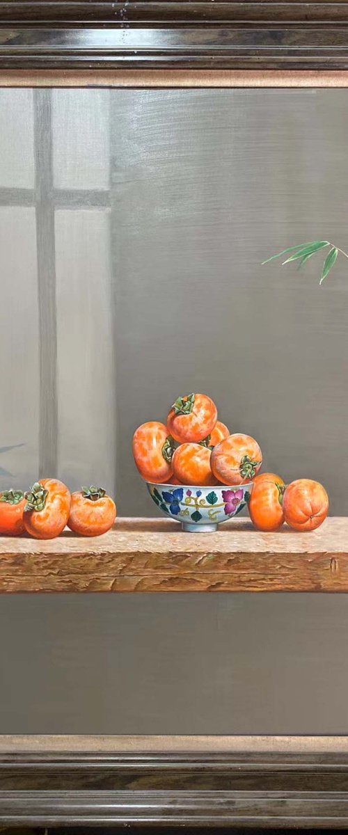 Original Still life oil painting:persimmons on the table by Kunlong Wang