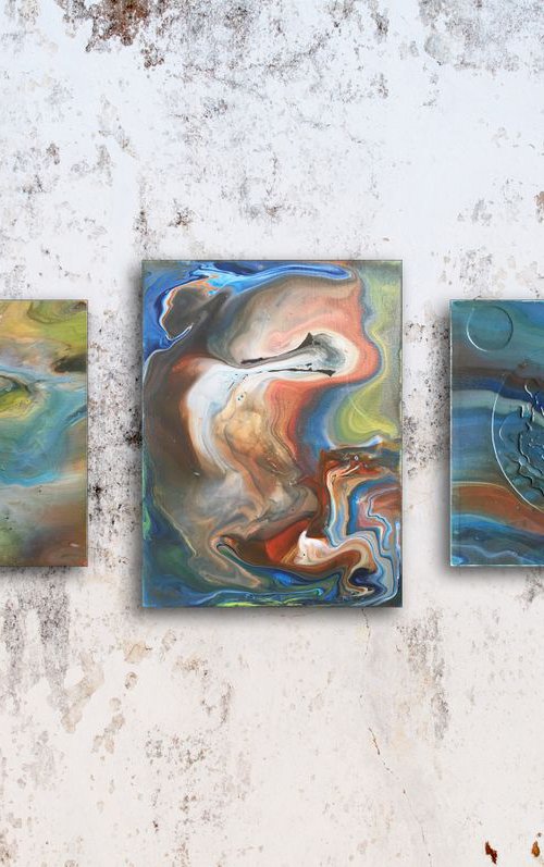 "Waterworks" - FREE USA SHIPPING - Original Triptych, Abstract PMS Acrylic Paintings Series - 33" x 12" by Preston M. Smith (PMS)