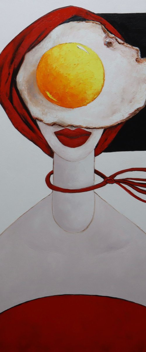 Egg girl in red on a windy day by Ta Byrne