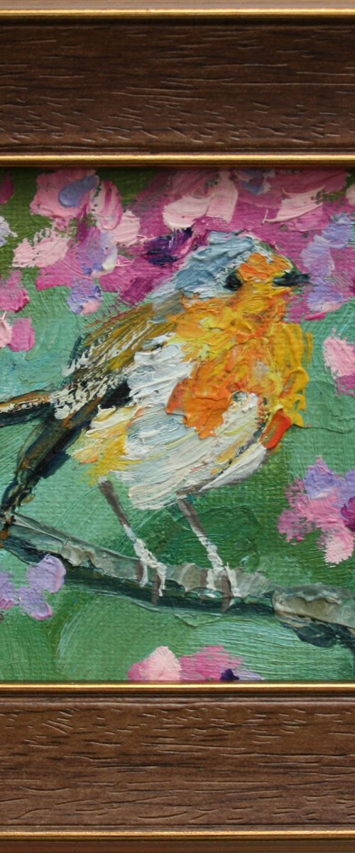 BIRD #7 framed / FROM MY A SERIES OF MINI WORKS BIRDS / ORIGINAL PAINTING by Salana Art Gallery