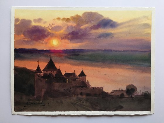 Khotyn fortress at sunset