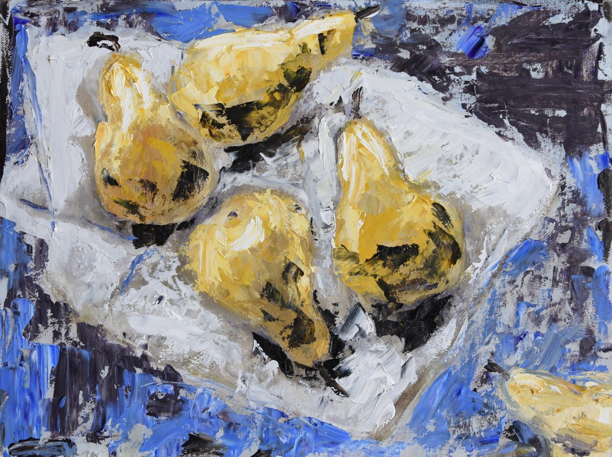 Expressive Oil Painting , Pears On Blue By Elena Zapassky, 16 X 12, Artwork For Sale On Artfinder