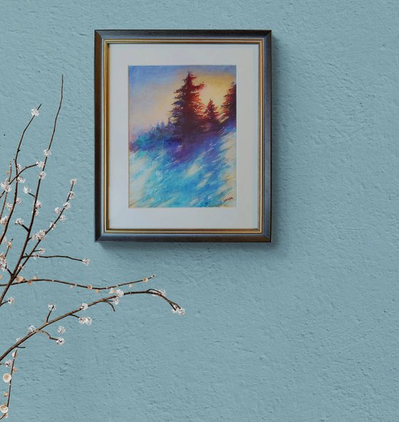 FRAMED: Winter Sunset | Original pastel painting (2017) Hand-painted Art Small Artist | Mediterranean Europe Impressionistic