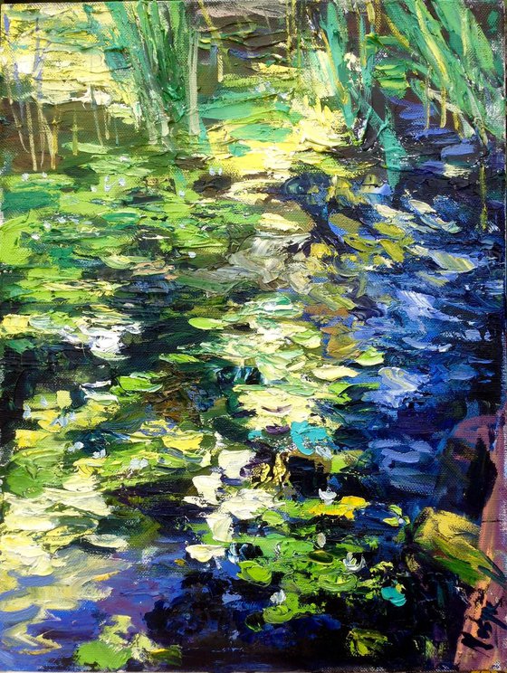 Abstract water lilies pond oil painting landscape river sunlight