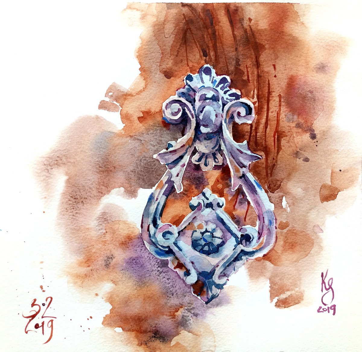 Antique doorknob on a wooden background modern watercolor sketch original illustration by Ksenia Selianko
