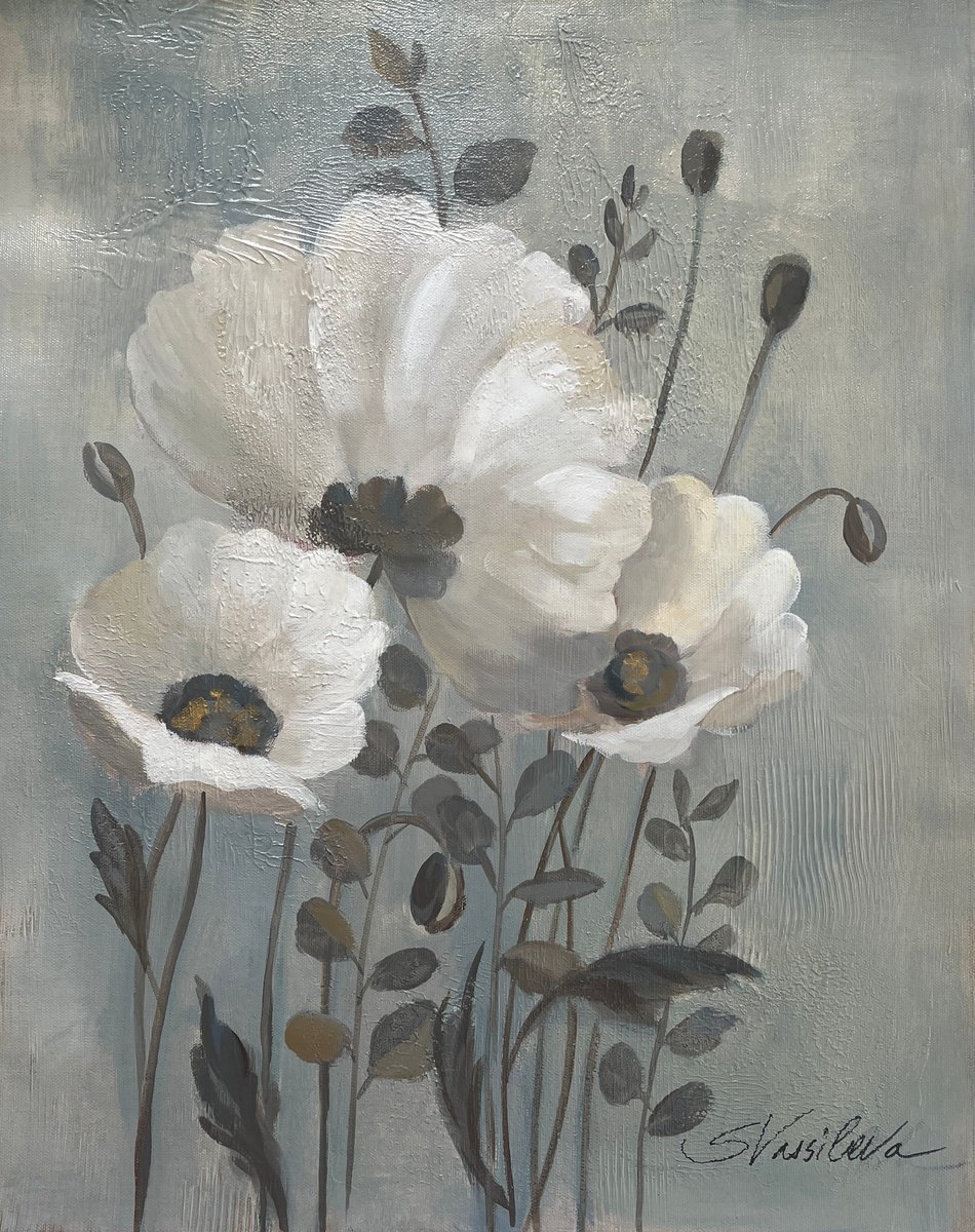  Poppies On Blue By Silvia Vassileva, 16 X 20, Artwork For Sale On Artfinder