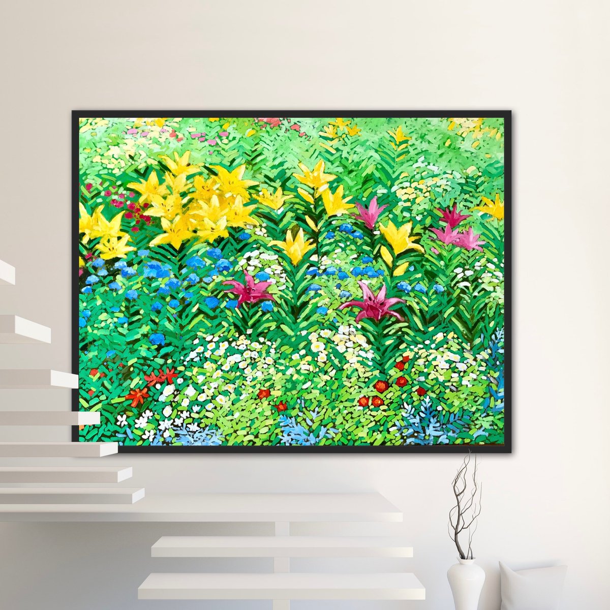 Impressionistic Botanical Oil Painting By Volodymyr Smoliak, 43 X 31", Yellow Lilies, Original Artwork