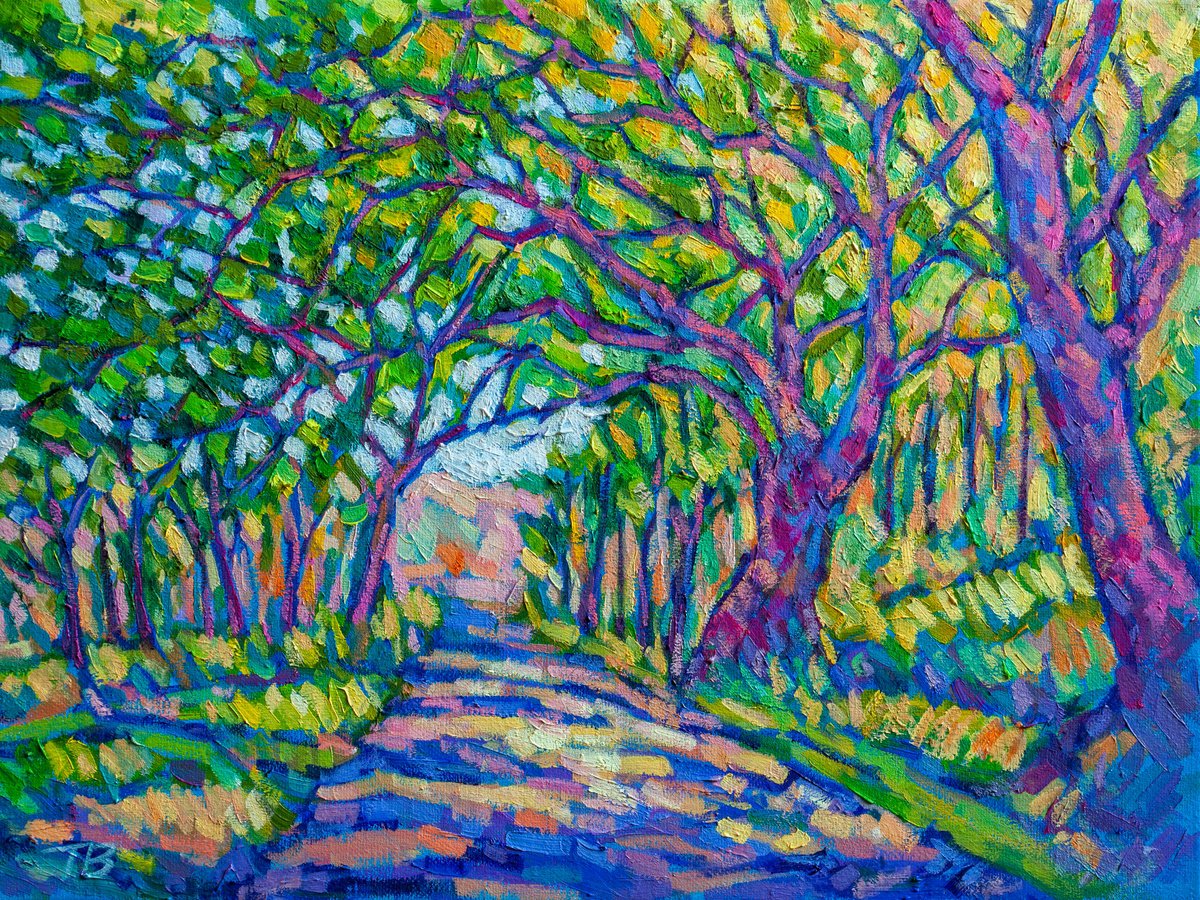 Impressionistic Landscape Oil Painting By Tao Bai, 16 X 12", Tree-Lined, Original Artwork