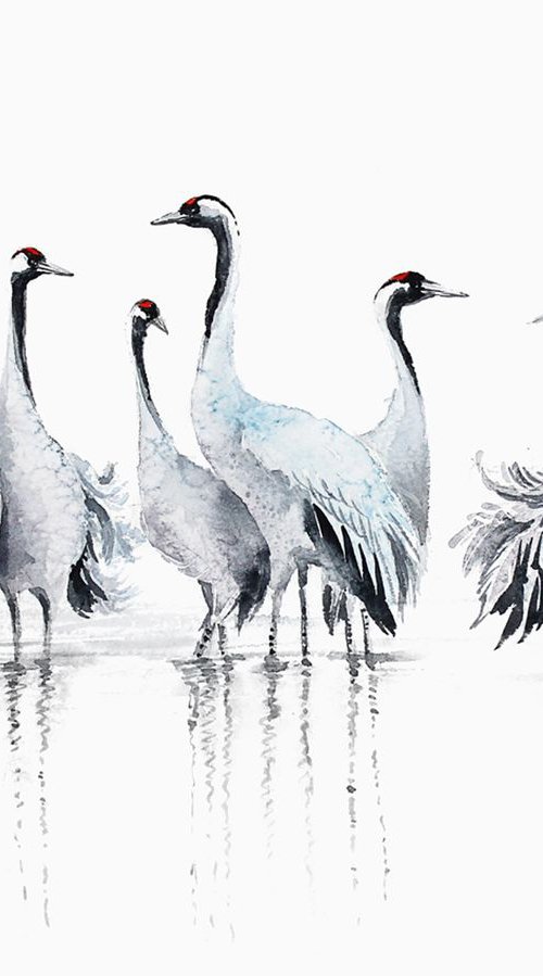 Common Cranes, wildlife and animals, bird watercolour by Karolina Kijak