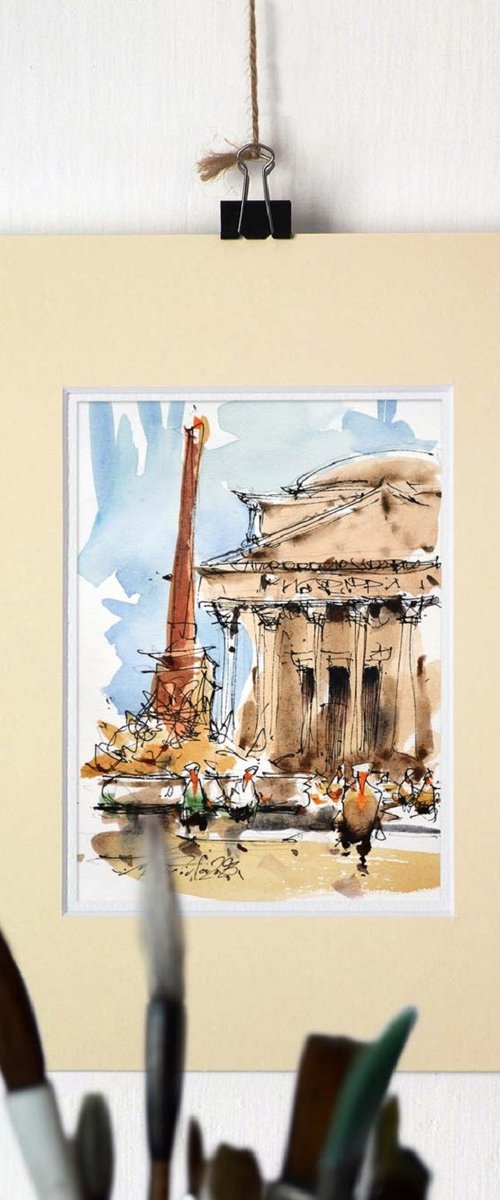 Piazza della Rotonda, ink and watercolor art painting. by Marin Victor