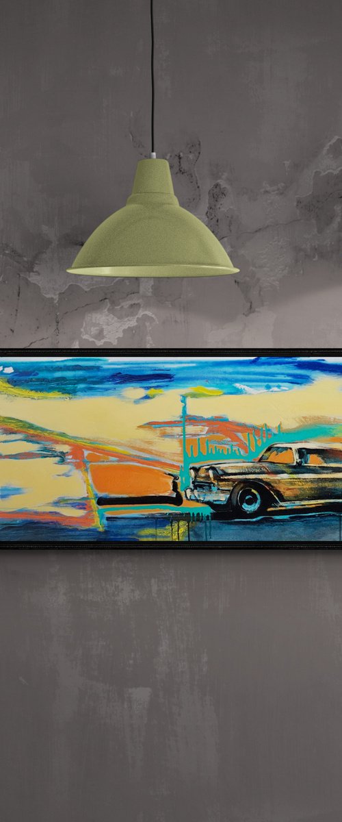 Horizontal bright painting - "Orange car" - Pop Art - Old school - Retro - Transport by Yaroslav Yasenev