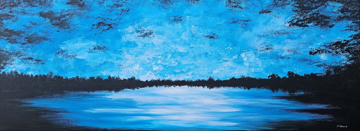 Abstract Landscape Acrylic Painting By Daniel Urbani?k, 31 X 12, Endless Blue Sunset, Original Artwork