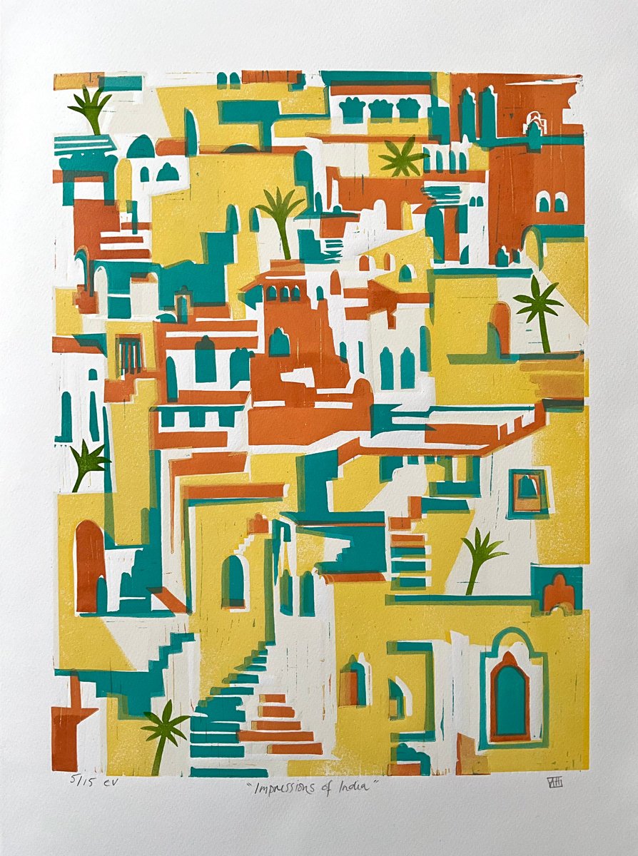 Geometric Linocut , Impressions Of India By Alison Headley, 15 X 22, Artwork For Sale On Artfinder