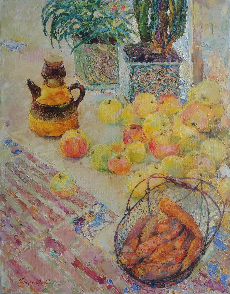 Impressionistic Still Life Oil Painting By Svetlana Koval (Gunchenko), 22 X 28", Autumn Apples, Original Artwork