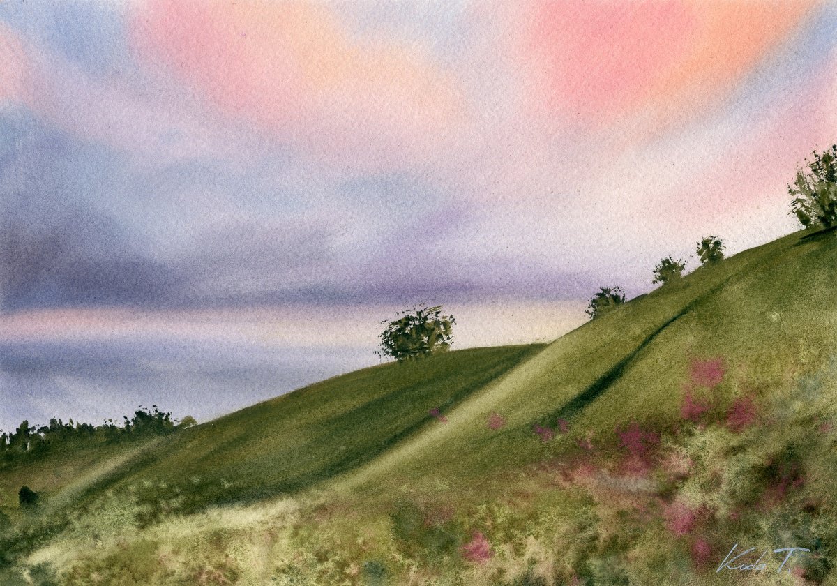 Impressionistic Landscape Watercolour By Tetiana Koda, 12 X 8", A Peaceful Evening, Original Artwork