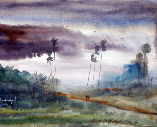 Rural Storm - Watercolor Painting by Samiran Sarkar
