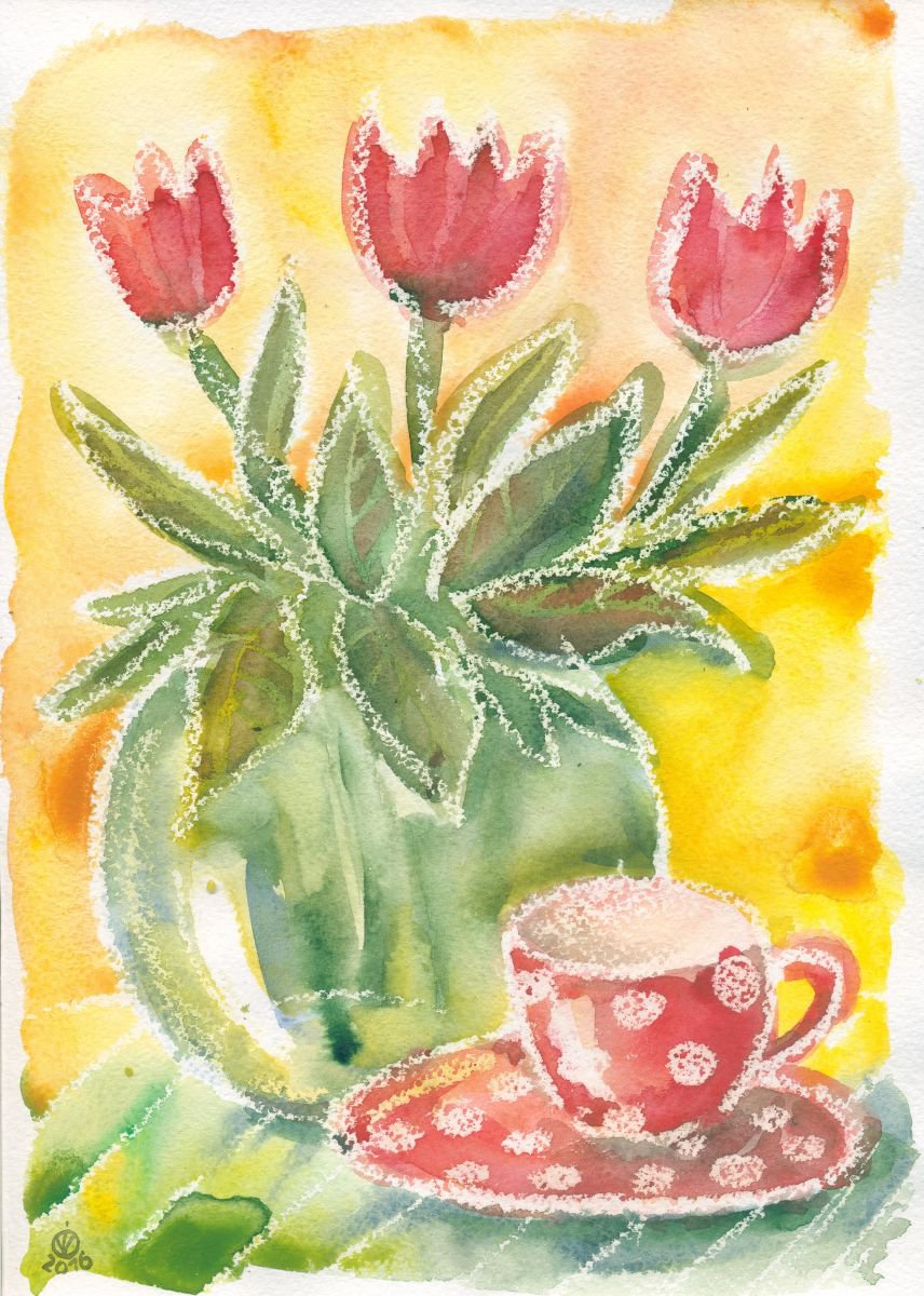 Morning Cup Of Tea With Red Tulips by Vio Valova