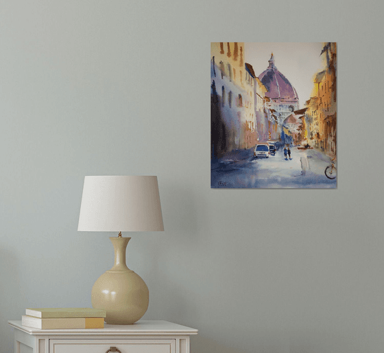 Florence in sunset light. Light and shadow with Duomo and city view. Medium format watercolor urban landscape italy toscana bright architecture travel