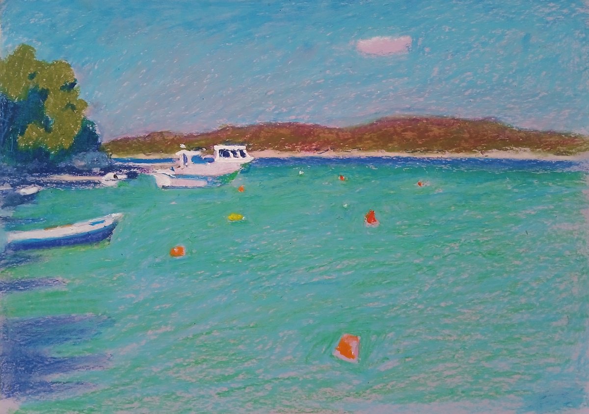 Impressionistic Landscape Pastel Drawing By Vasyl Koval, 13 X 9", Blue Lagoon, Original Artwork