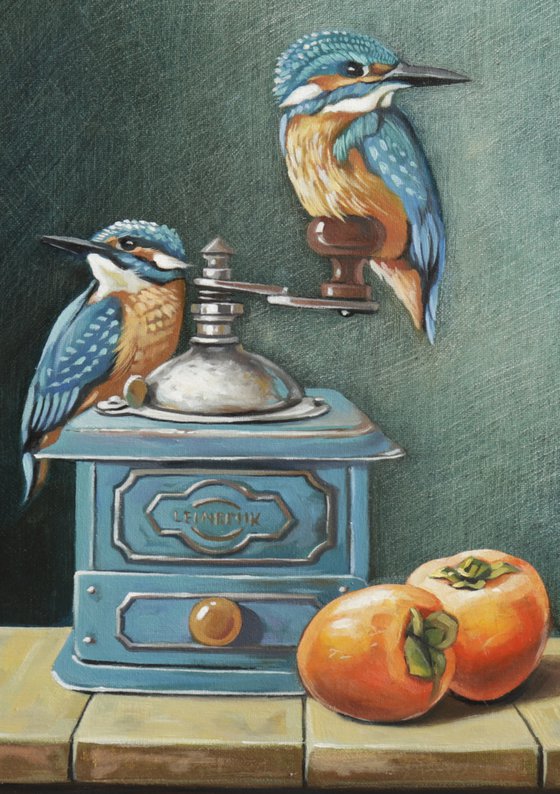 Still life with bird and kinglet-2 (25x35cm, oil painting, ready to hang)