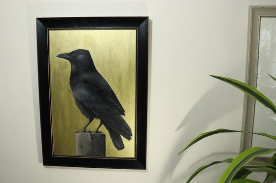 Golden Raven, Portrait of a Black Bird, Oil Painting, Bird Artwork, Animal Art Original, Not Print