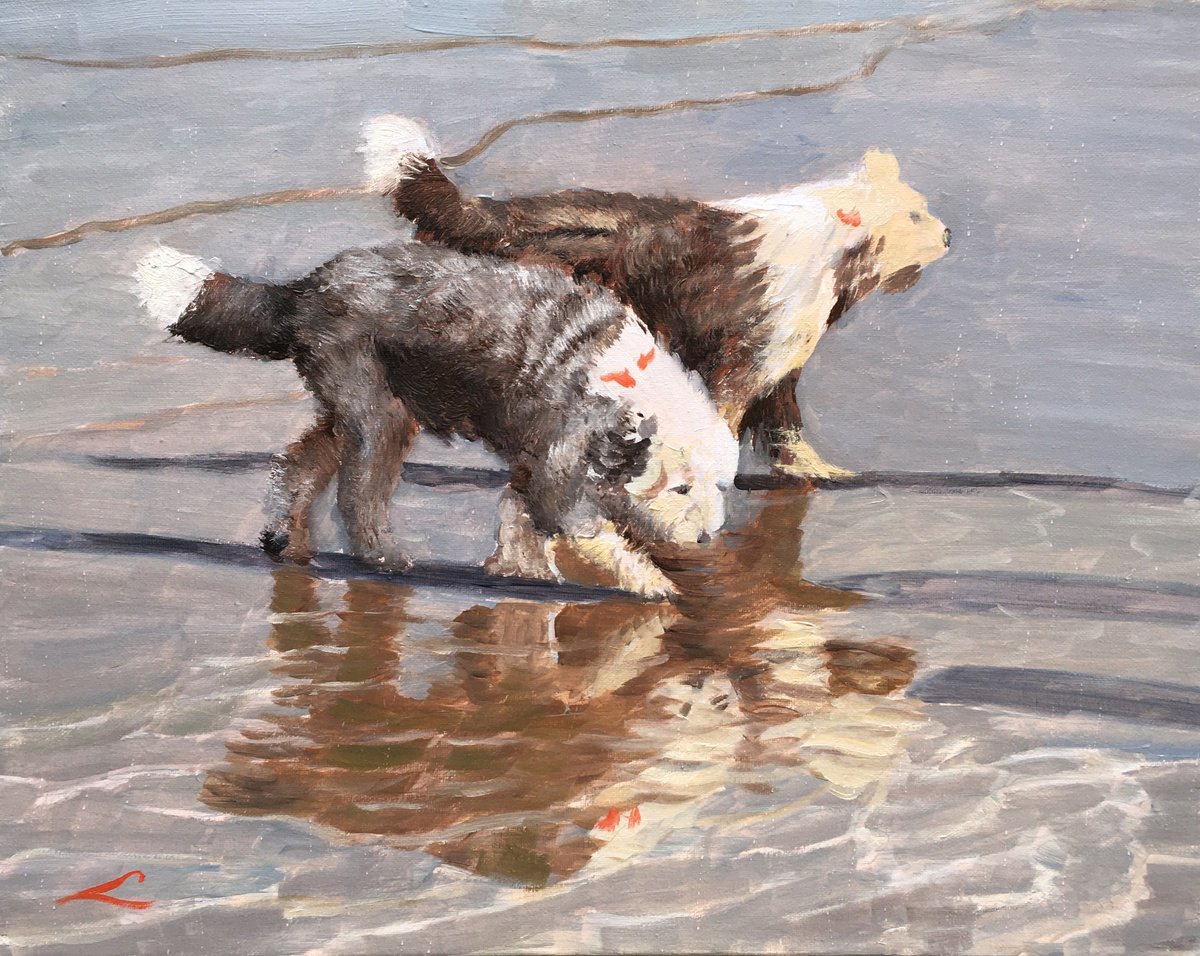 Impressionistic Animal Oil Painting By Elena Sokolova, 20 X 16, Beach Dogs 2, Original Artwork