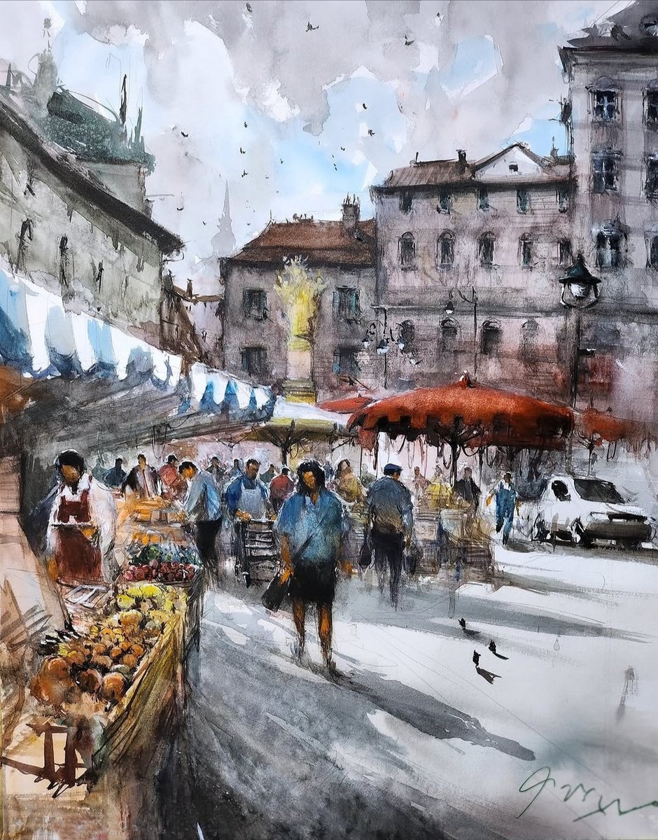 Impressionistic Watercolour , Colorful Market Place By Maximo Damico, 29 X 40, Artwork For Sale On Artfinder