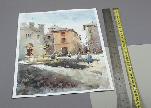 Italian Old Village, Bevagna,  Watercolor Landscape by Marin Victor