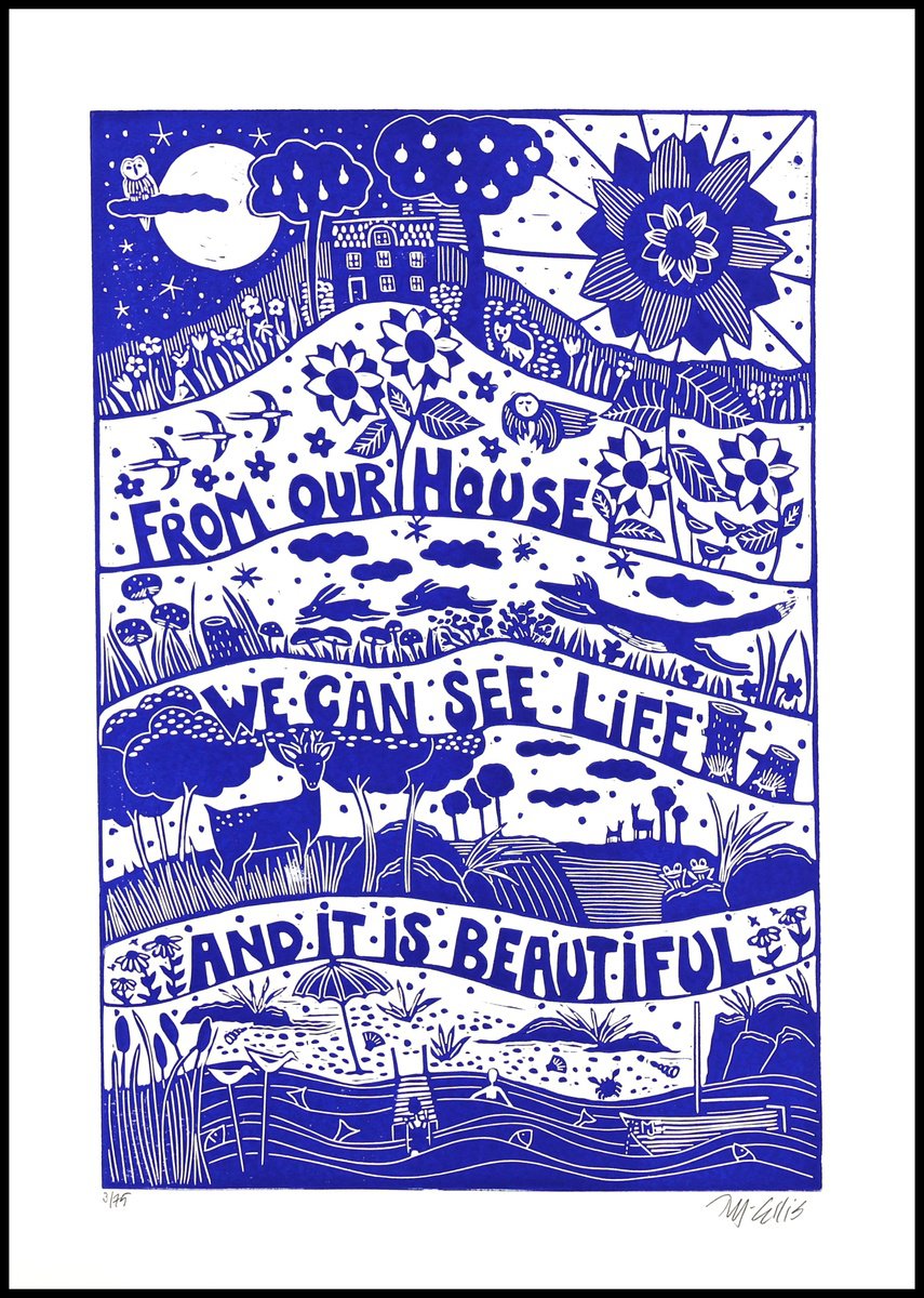 Illustrative Linocut , Life Is Beautiful By Mariann Johansen-Ellis, 20 X 27, Artwork For Sale On Artfinder