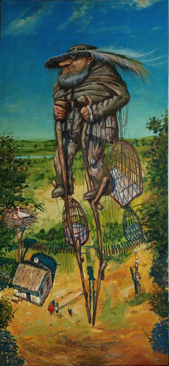 Surrealistic Portrait Oil Painting By Serhiy Roy, 24 X 51", Birdcatcher., Original Artwork