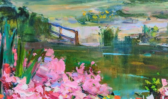 Summer impressions . 80х 45 см. Azalea . Blooming garden by the lake .  Original oil painting