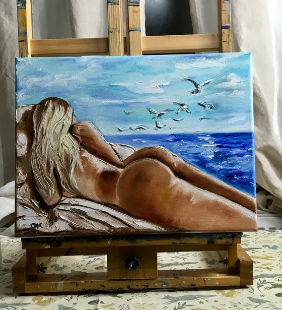 The Hottest Day in Summer. Nude at the seaside. Erotic painting.
