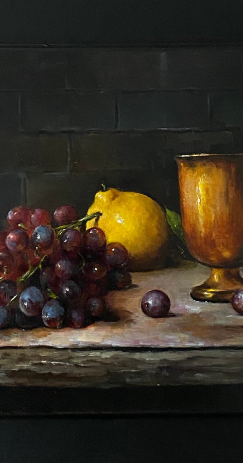Lemon, Copper Cup and Grapes, Still Life Original Oil Painting on Wood by Nina R.Aide by Nina R. Aide