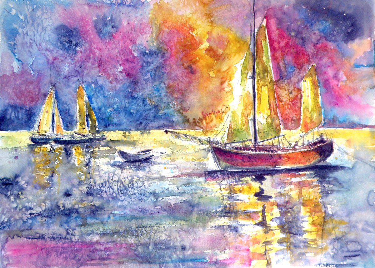 Impressionistic Landscape Watercolour By Kovacs Anna Brigitta, 30 X 22", Harbor At Morning, Original Artwork