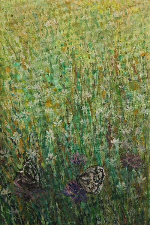 White Flowers in the Grass, 2020, acrylic on canvas, 30 x 20 cm by Alenka Koderman