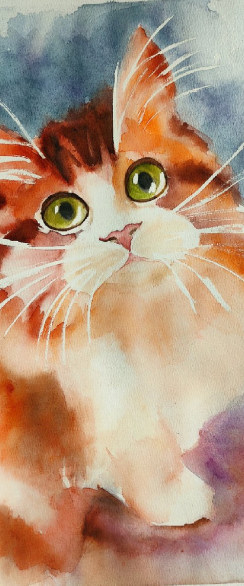 Fluffy cat watercolor by Yulia Berseneva