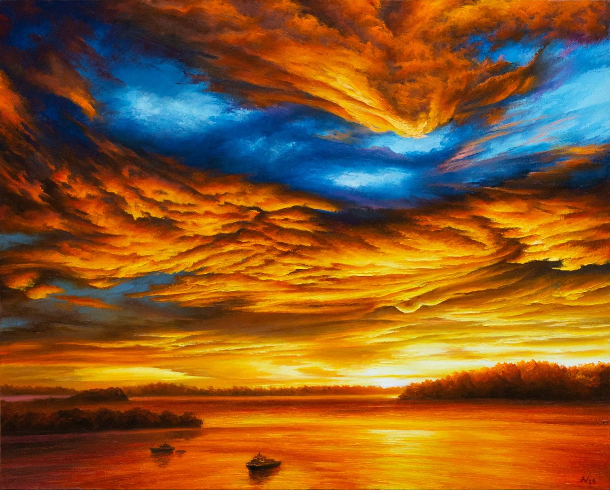 Impressionistic Landscape Oil Painting By Oleksii Vylusk, 39 X 32", Flaming Skies 3, Original Artwork