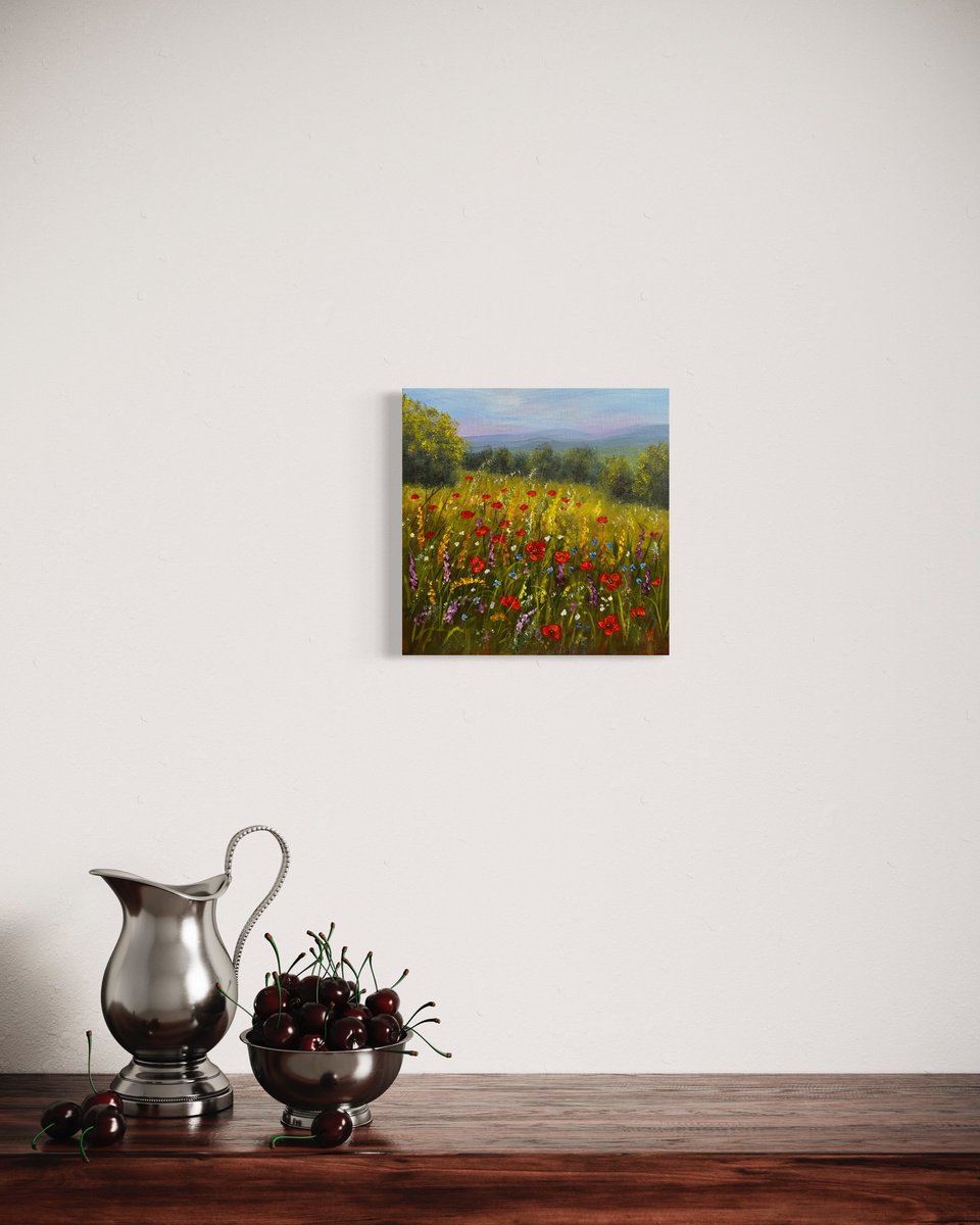 Impressionistic Landscape Acrylic Painting By Tanja Frost, 12 X 12", Wildflowers In Harmony, Original Artwork