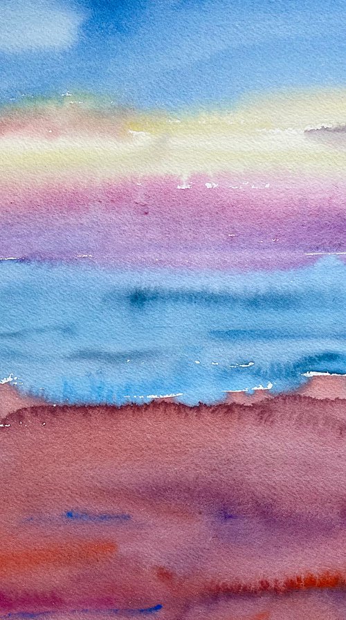 Seascape Watercolor Painting, Sea Ocean Wall Art, Sunset Large Original Painting, Coastal Home Decor by Kate Grishakova