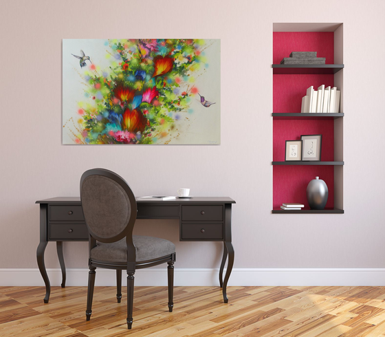 Flowers and Hummingbirds, Large Painting