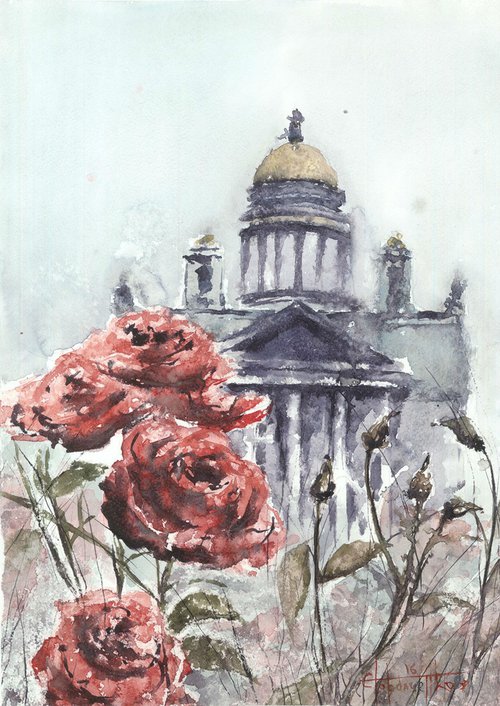 ST. ISAAC'S CATHEDRAL AND ROSES Watercolor painting 42*30cm by Eugene Gorbachenko