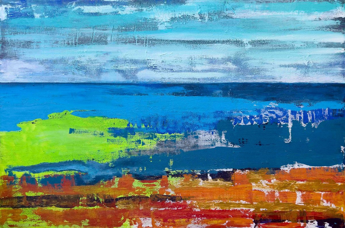 Abstract Landscape Acrylic Painting By Km Arts, 47 X 31", Over The Sea To Skye, Original Artwork