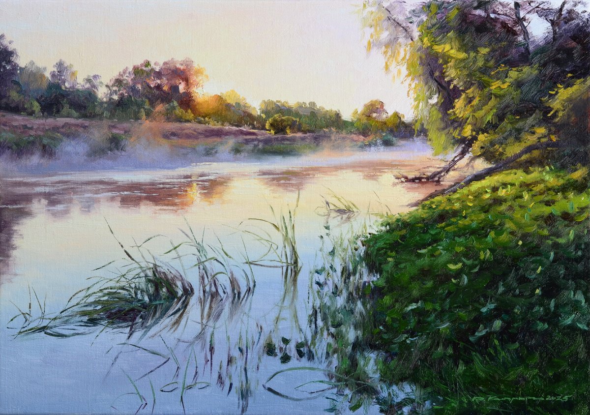 Impressionistic Landscape Oil Painting By Ruslan Kiprych, 20 X 14", Warm Sunrise Over The Water, Original Artwork