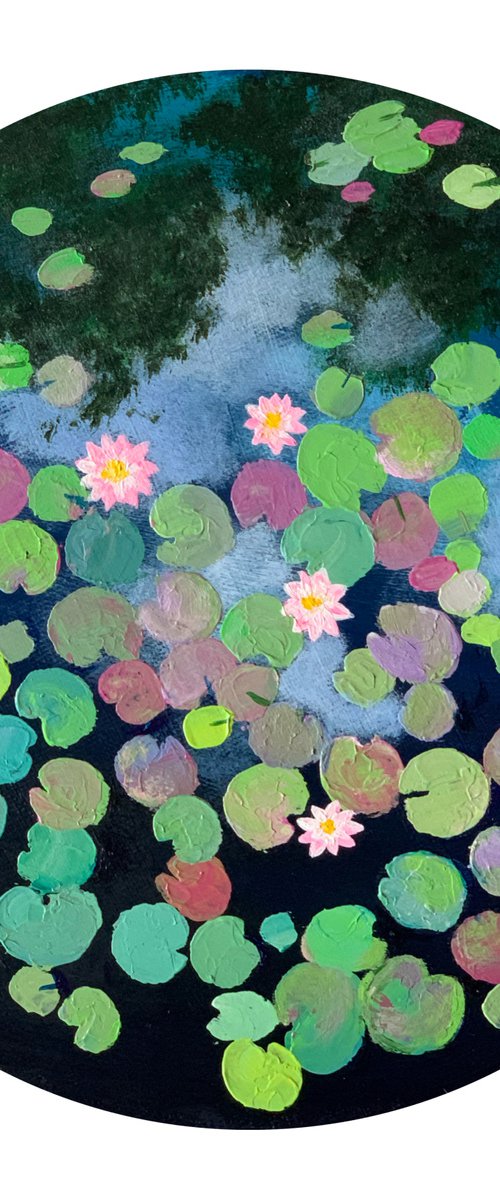 Water lily pond ! Round canvas! Ready to hang painting by Amita Dand