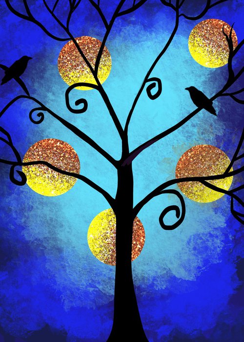 In the Blue, cute bird tree artwork by Stuart Wright